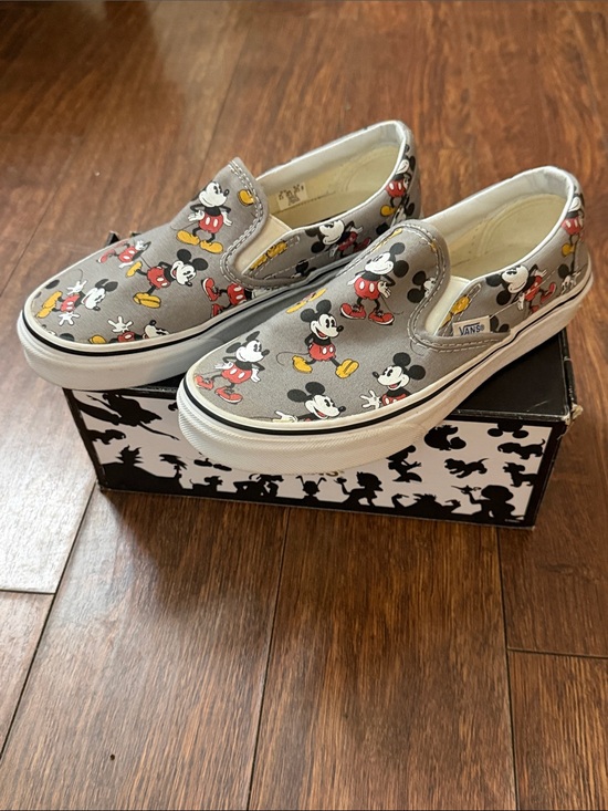 Vans Shoes - Vans Women Gray Slip-On Sneakers with Mickey Mouse Print